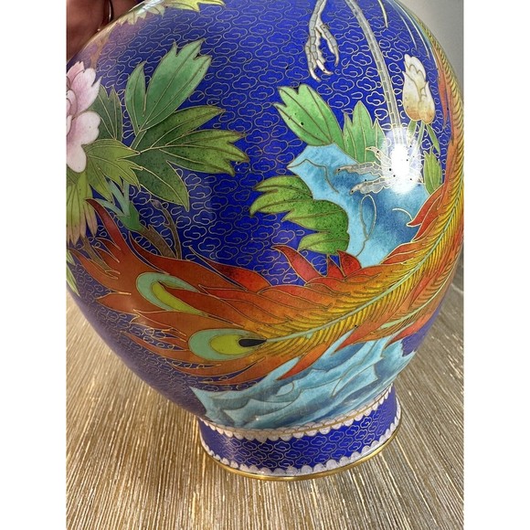 15” Rare Perfect Peacock Chinese Cloisonné Vase - Picture 6 of 11